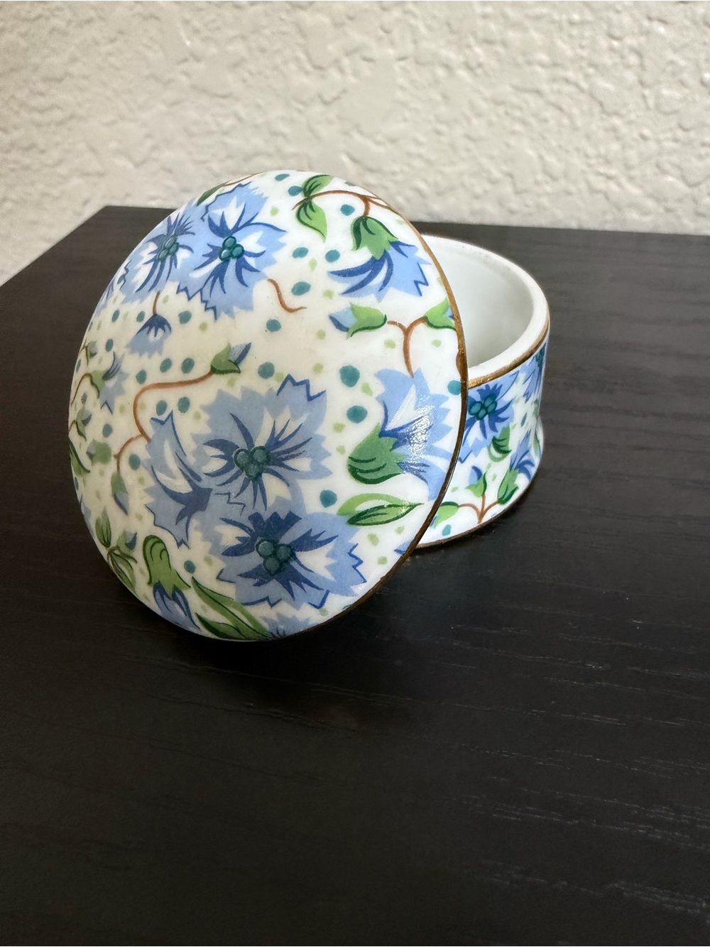Ainsley Blue Floral Porcelain Trinket Box with Gold Trim